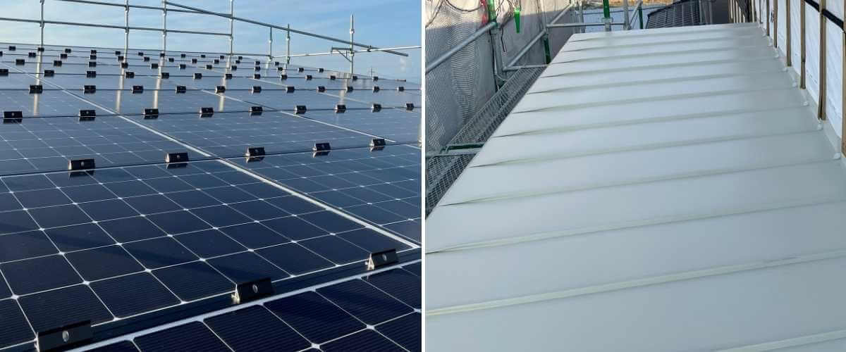 一条工務店の屋根材｜左：屋根一体型の太陽光パネル、右：ガルバリウム鋼板