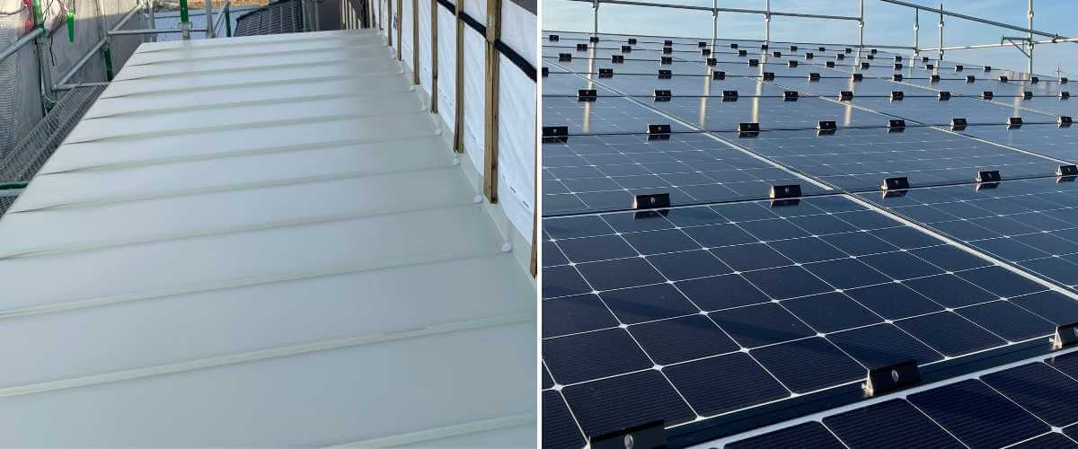 一条工務店の屋根材｜左：ガルバリウム鋼板、右：太陽光パネル