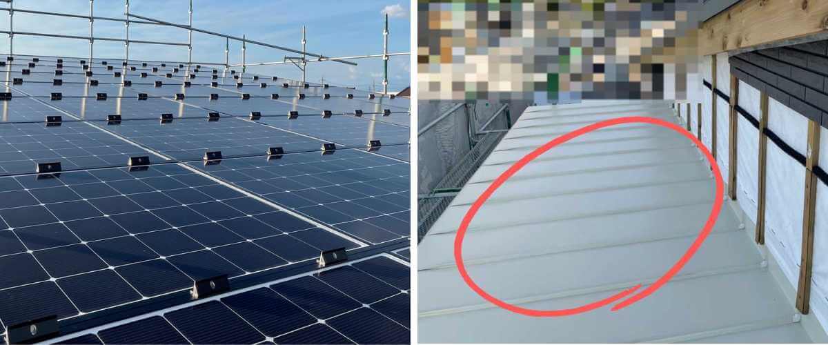 アイスマートの屋根材｜屋根一体型の太陽光システム（左）、ガルバリウム鋼板（右）
